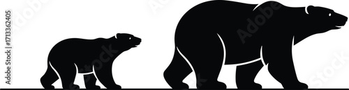 Polar bear silhouette, wildlife illustration, Arctic animals, parent and cub, black and white, minimal design, nature, walking, tundra, cold
