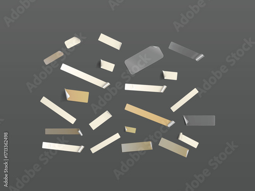 Realistic close up collection of adhesive tape wrinkle set isolated on white background for packaging design, office supply, stationery mockup and creative use