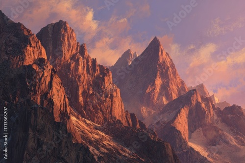 Rugged Mountain Peaks Illuminated by Golden Hour Light During a Dramatic Sunset