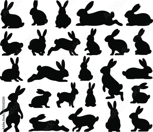 Rabbit silhouette collection, black bunny poses, animal vector set, wildlife illustration, hopping, sitting, stretching, minimalist design, commercial use