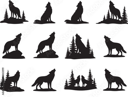 Silhouette howling wolves pack: The image portrays a set of various silhouettes of howling wolves. Each silhouette captures a unique pose, set against the backdrop of trees.