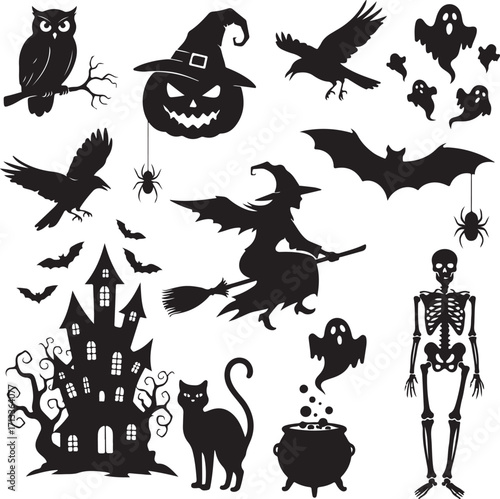 Spooky Halloween Collection: A captivating silhouette compilation, featuring quintessential Halloween icons like a haunted house, a wicked witch soaring on a broom.