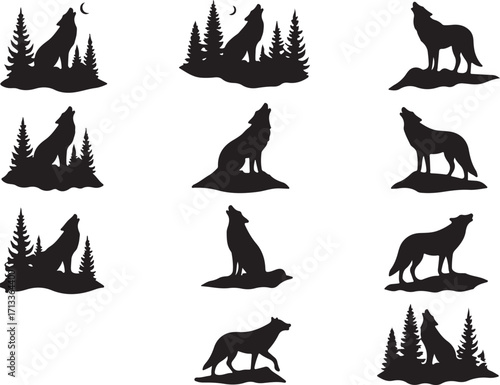 The howling wolf and silhouette of nature: The image is a visual representation of the howling wolf's silhouette, and natural surroundings.