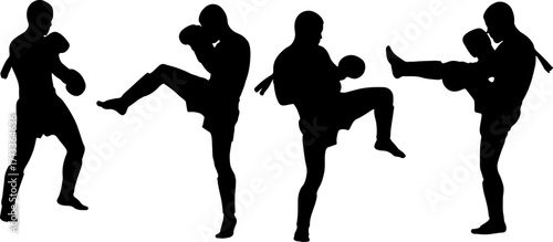 silhouette thai boxing postures muay thai in black shapes monochrome color on white background vector