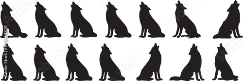 Wolf Silhouette Symphony: A striking silhouette of a wolf in a howling pose, perfect for conveying wild beauty and adding depth to a project. The illustration is excellent for visual projects.