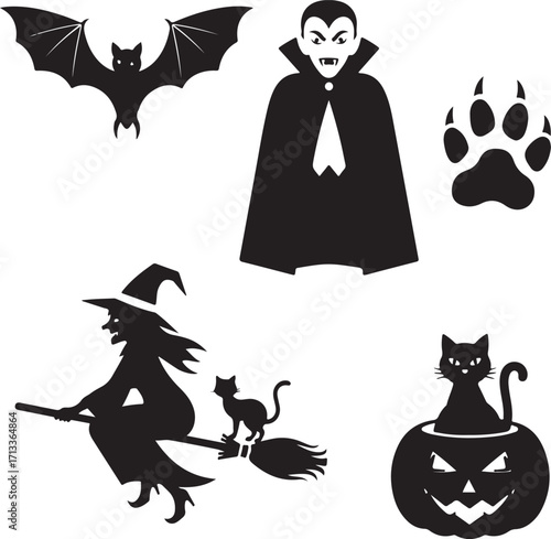 Halloween Silhouette Set: A captivating compilation of iconic Halloween figures, rendered in striking black, evoking the spirit of the season. 
