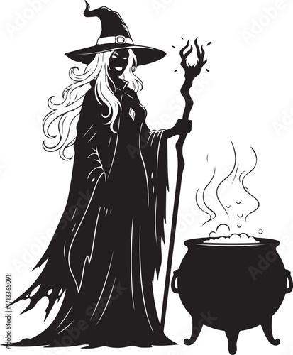 Mystical Witchcraft: A mysterious witch, clad in a long dress and hat, conjures spells over a bubbling cauldron in a dramatic monochrome scene.