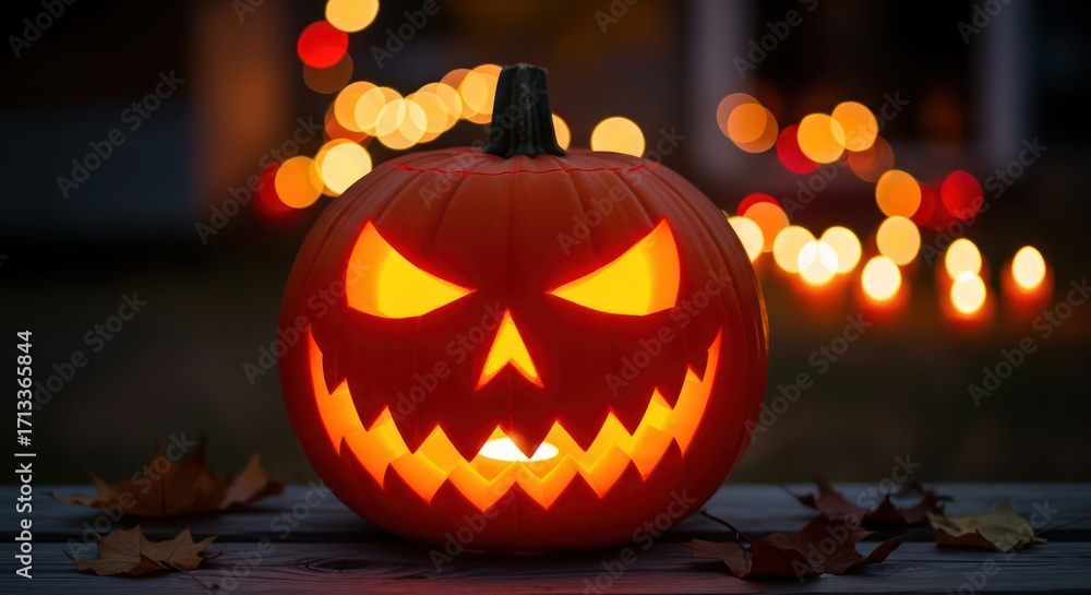 Fototapeta premium Illuminated jack o'lantern with spooky face, casting eerie glow amid autumnal hues in the night