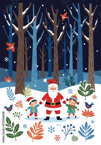 Adobe illustrator artwork vector illustration of Santa Claus walking with two happy children in a whimsical snowy forest, surrounded by colorful birds and unique plants, embodying festive wonder