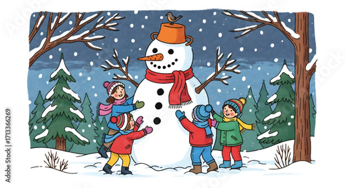 Adobe illustrator artwork vector illustration of cheerful children building a snowman in a snowy forest, capturing the joy of winter playtime under a gentle snowfall
