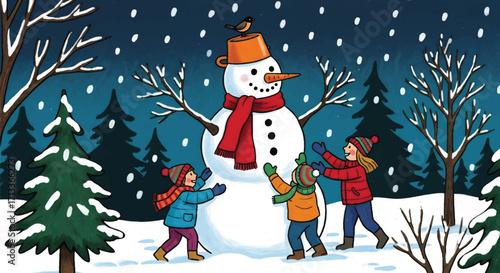 Adobe illustrator artwork vector illustration of cheerful children building a snowman in a snowy forest, capturing the joy of winter playtime under a gentle snowfall
