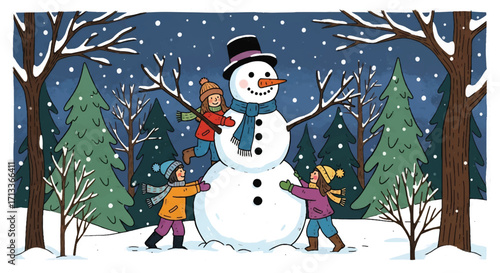 Adobe illustrator artwork vector illustration of cheerful children building a snowman in a snowy forest, capturing the joy of winter playtime under a gentle snowfall