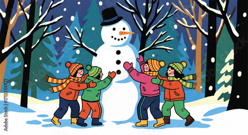 Adobe illustrator artwork vector illustration of cheerful children building a snowman in a snowy forest, capturing the joy of winter playtime under a gentle snowfall