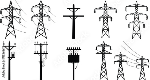 Silhouettes of electrical transmission towers and utility poles for power distribution, high voltage energy infrastructure, industrial electricity network