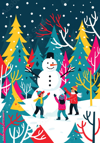 Adobe illustrator artwork vector illustration of cheerful children building a snowman in a snowy forest, capturing the joy of winter playtime under a gentle snowfall