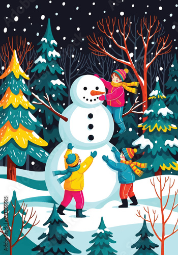 Adobe illustrator artwork vector illustration of cheerful children building a snowman in a snowy forest, capturing the joy of winter playtime under a gentle snowfall