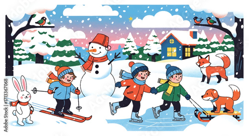 Adobe illustrator artwork vector illustration of a lively winter scene with children skiing, ice skating, and sledding, joined by a snowman, rabbit, and foxes near a cozy cabin