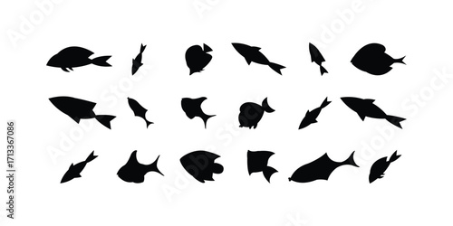 Set of multiple fish icon vector illustrations isolated on white background including seafood symbol and aquatic food concepts for culinary or marine themes