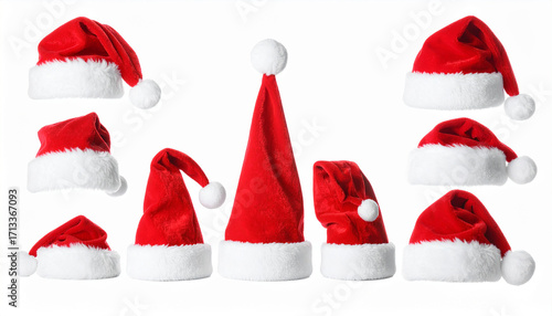 Santa Hats Array: A vibrant assortment of Santa hats. Each hat, with its signature red and white design, poised against backdrop. Evokes feelings of anticipation, warmth.