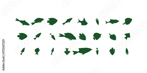 Black and white fish silhouette vector artwork showing aquatic animals with minimal detail perfect for nature themes, fishing icons and marine illustrations