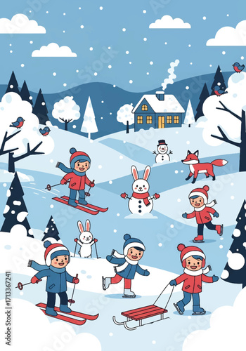 Adobe illustrator artwork vector illustration of a lively winter scene with children skiing, ice skating, and sledding, joined by a snowman, rabbit, and foxes near a cozy cabin