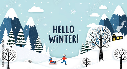 Adobe illustrator artwork vector illustration of a stunning winter landscape with people sledding down a snowy hill, majestic mountains, pine trees, a cozy cabin, and "Hello Winter!" text, perfect