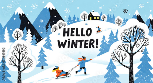 Adobe illustrator artwork vector illustration of a stunning winter landscape with people sledding down a snowy hill, majestic mountains, pine trees, a cozy cabin, and "Hello Winter!" text, perfect