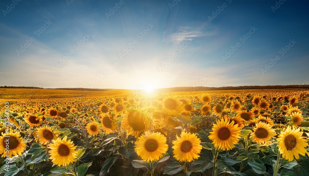 Fototapeta premium Field Sunflower With Flare Light On The Sun