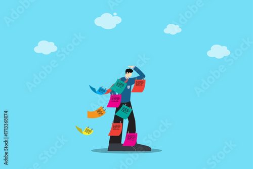 Vector illustration of a businessman covered with sticky notes, expressing heavy workload, tight deadlines, multitasking, and time management challenges in modern business life.