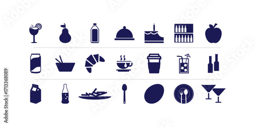 Line style food and drink web icons vector set including burger, pizza, coffee, fruits, sandwich, and dishes for restaurant, meal, fast food and culinary web graphic design