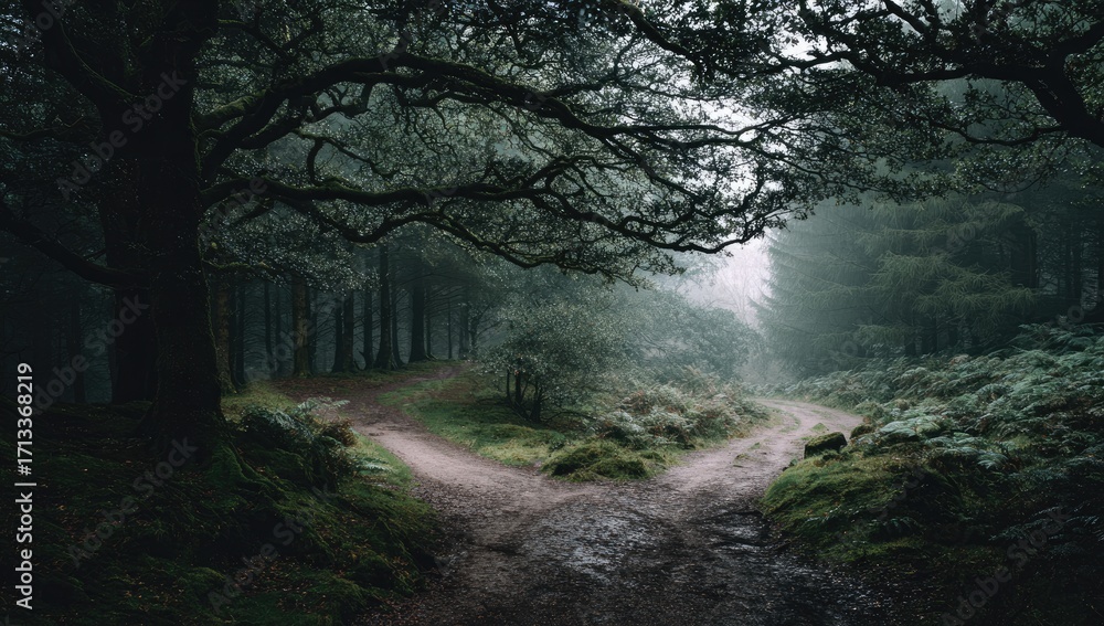 Fototapeta premium A misty forest path forks, disappearing into the fog under a canopy of ancient trees draped in moss, creating an eerie yet peaceful atmosphere