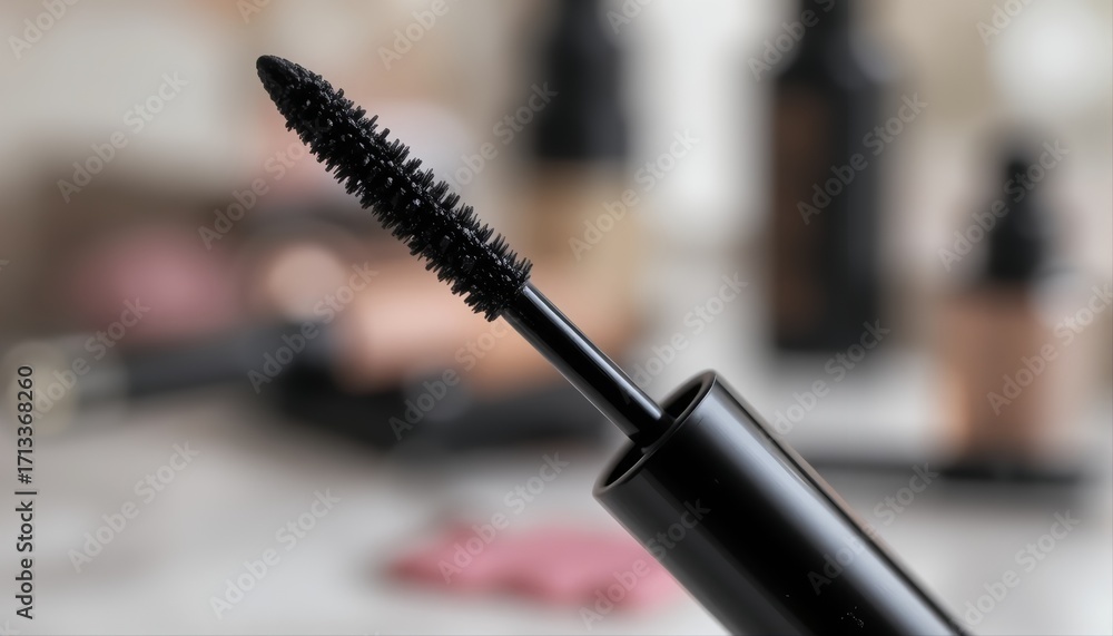 Naklejka premium Glossy black mascara tube with blurred beauty background