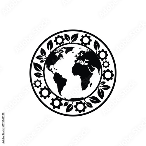 A symbolic circular emblem representing the harmony between nature and industry, featuring the Earth globe framed by alternating leaves and gears