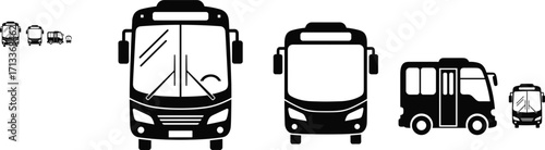 Bus vector set, front view, side view, shuttle bus, public transport, black outline, editable graphic, vehicle icons, transport illustration, bus clipart, compact design, windshield
