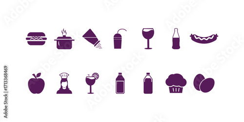 Extensive collection of food and drink vector web icons showcasing beverages, snacks, fast food, kitchenware, utensils, and culinary symbols for digital design projects