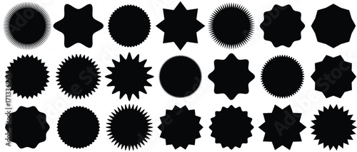 Circle sticker set. Wavy edge promo black badges. Star burst shape tags for price. Blank sale stickers. Simple silhouette. Flat vintage labels. Graphic illustration.