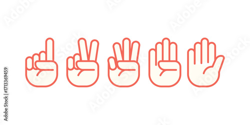 Hand gesture icon set vector illustration depicting finger counting from one to five, symbolizing communication, numbers, sign language, and educational or instructional graphic elements