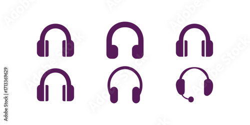 High quality vector set of headphone icons designed for DJs, discos, music events, audio entertainment, and customer support services, ideal for tech and communication visuals