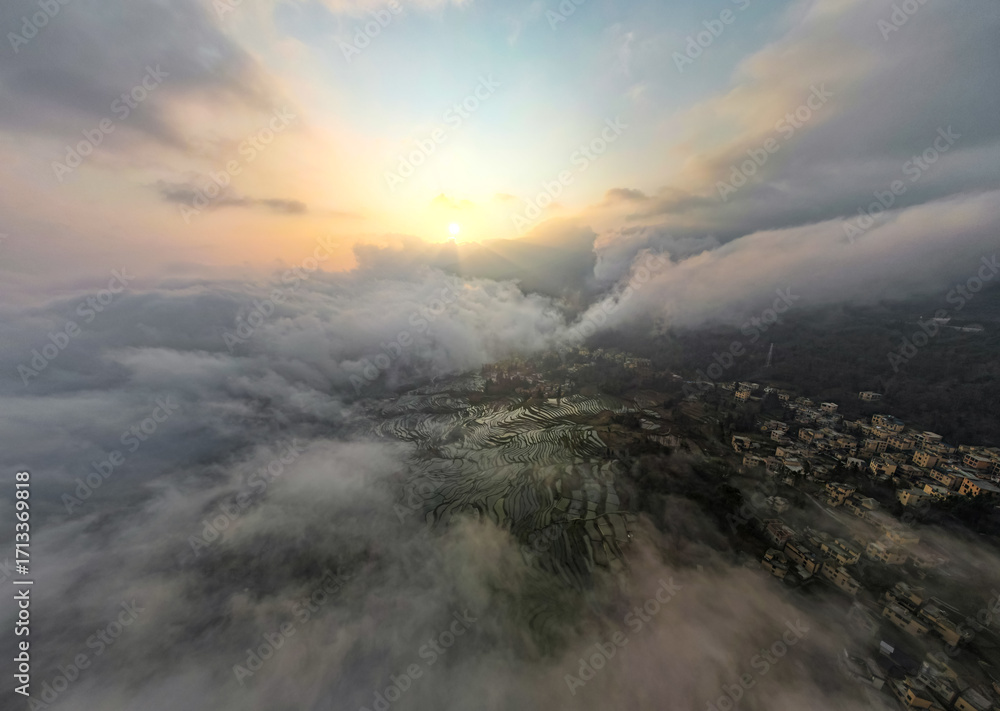 Fototapeta premium Aerial photography of the Yuanyang Rice Terraces in the Red River, Yunnan, China