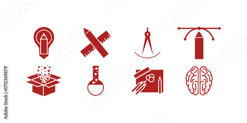 Modern collection of creativity and idea icons featuring light bulbs, thinking, innovation, imagination, design, brainstorming, and inspiration concepts in vector line style