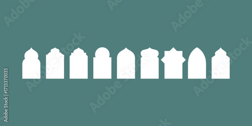 Islamic door silhouette and oriental mosque window frames with arabian arch shapes, abstract arabesque patterns and geometric Islamic decorative architecture in vector style