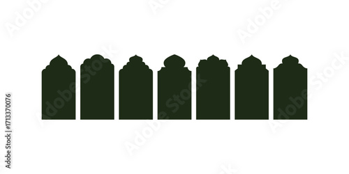 Vector illustration of Islamic shapes featuring traditional mosque doors, arabesque patterns, decorative arch frames, and religious architectural elements in Islamic design style