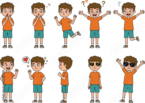 Cartoon boy character, emotional expressions, happy, sad, surprised, thinking, love, sunglasses, celebration, vector illustration, kids emotions, playful design