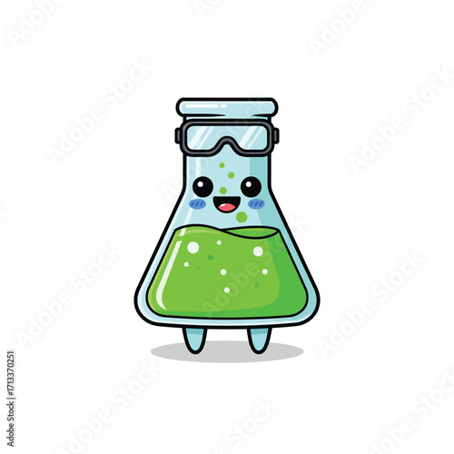 Cute cartoon mascot of a smiling Erlenmeyer flask with green liquid, wearing safety goggles for a science experiment