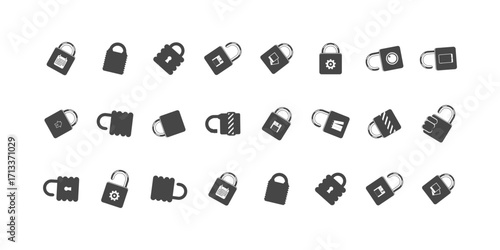 Lock icon collection including locked and unlocked icons in flat black style, ideal for representing security, safety, privacy, access, and protection digitally