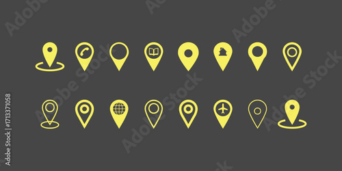 Modern location map pin icon set featuring pinpoint symbols, place markers, and navigation pointers designed for digital maps, GPS apps, and travel interfaces