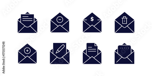 Mail icon set including email, envelope, inbox, read, receive, and message symbols for app interfaces, communication platforms, and website user experience designs