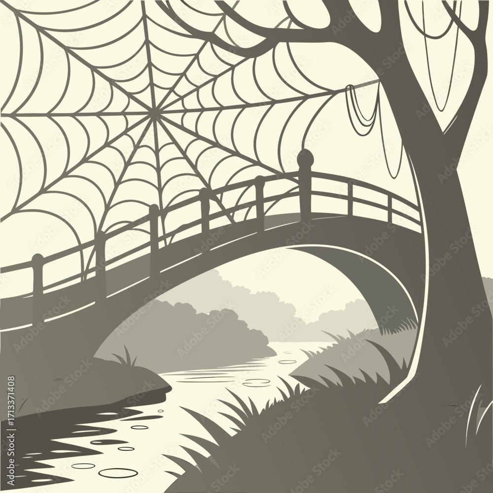 Fototapeta premium Vector art of a bridge with a spiderweb and a tree, creating a mysterious and atmospheric landscape