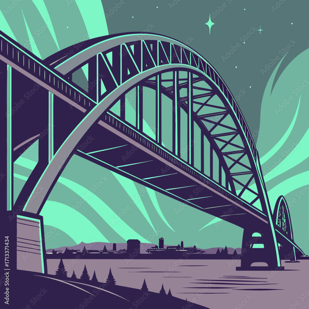 Obraz premium Vector art of a captivating illustration of the sydney harbour bridge at night, showcasing its iconic arch against a backdrop of swirling aurora borealis, creating a surreal and vibrant scene