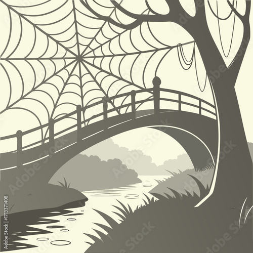 Vector art of a bridge with a spiderweb and a tree, creating a mysterious and atmospheric landscape